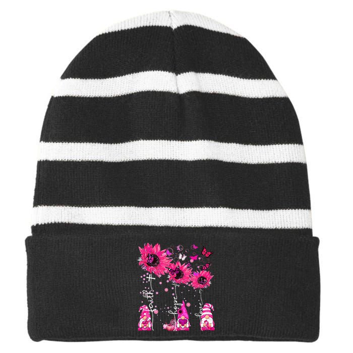 Faith Hope Love Gnome Ribbon Breast Cancer Awareness Flower Striped Beanie with Solid Band