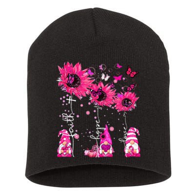 Faith Hope Love Gnome Ribbon Breast Cancer Awareness Flower Short Acrylic Beanie