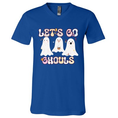 Funny Halloween Lets Go Ghouls Groovy Retro Cool Time Gift V-Neck T-Shirt