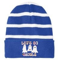 Funny Halloween Lets Go Ghouls Groovy Retro Cool Time Gift Striped Beanie with Solid Band