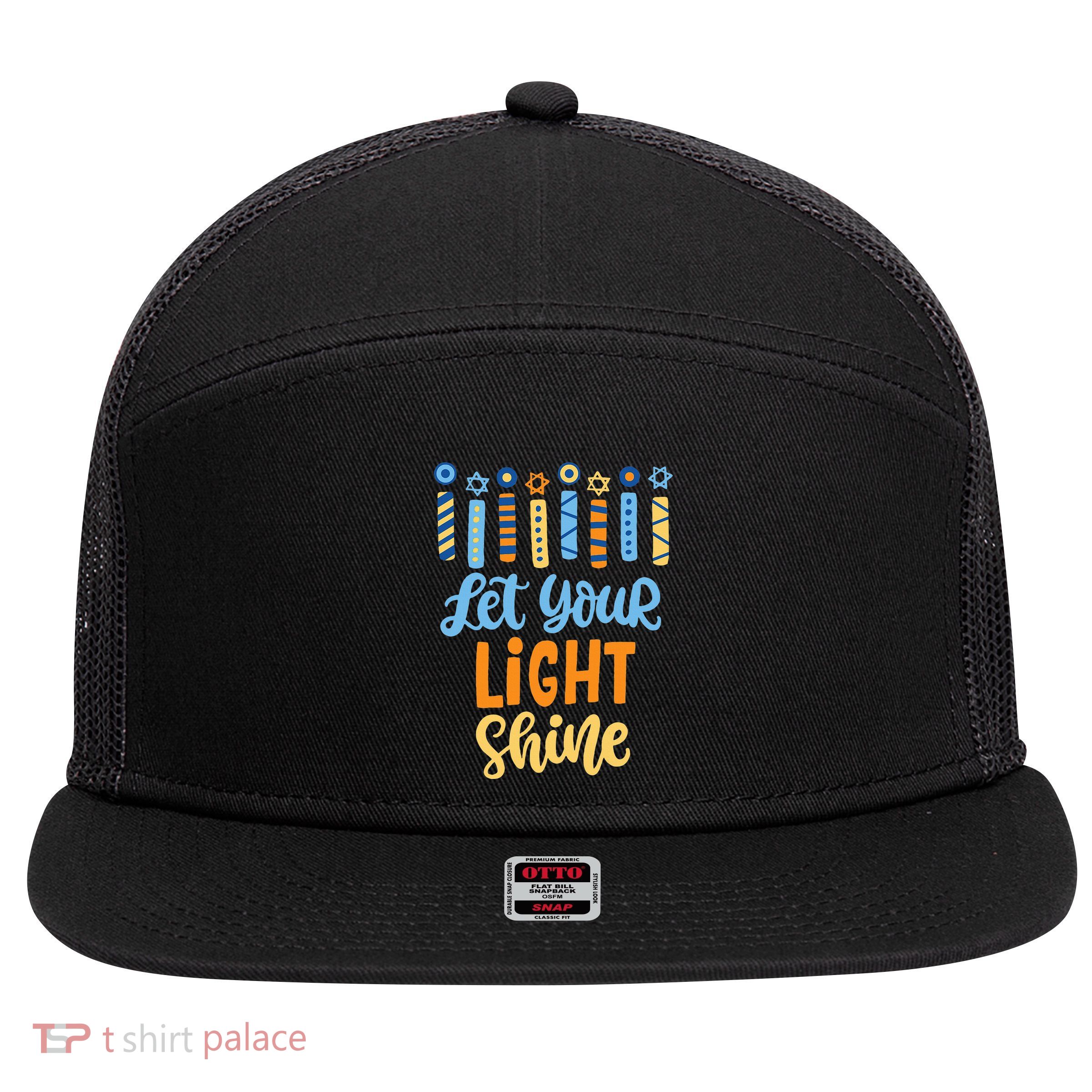 Funny Hanukkah Let Your Light Shine Menorah 7 Panel Mesh Trucker Snapback Hat