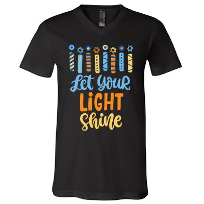 Funny Hanukkah Let Your Light Shine Menorah V-Neck T-Shirt