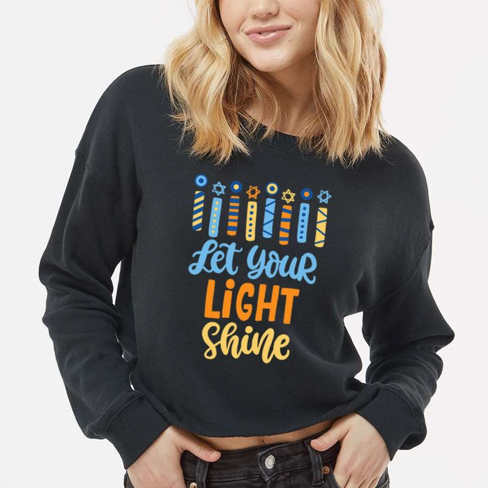 Funny Hanukkah Let Your Light Shine Menorah Cropped Pullover Crew