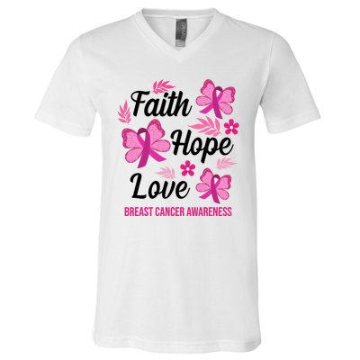 Faith Hope Love Breast Cancer Awareness V-Neck T-Shirt