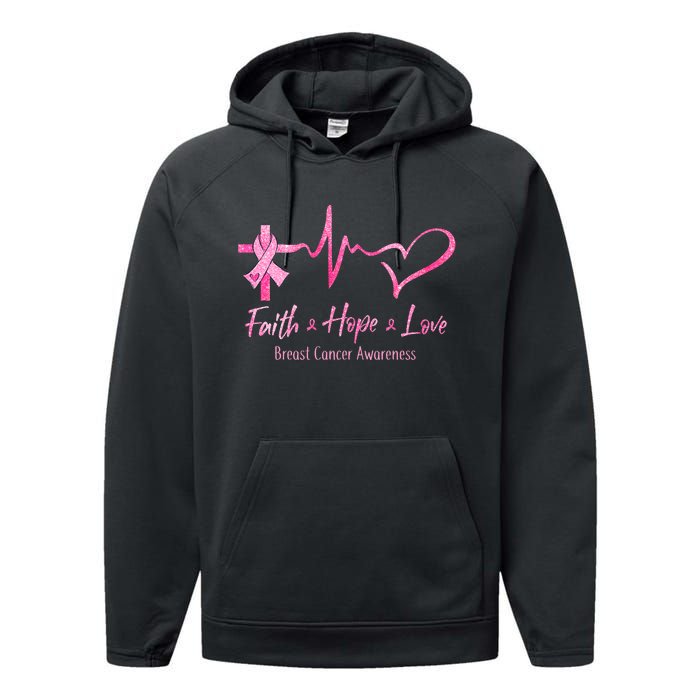 Faith Hope Love Breast Cancer Awareness Ribbon Heartbeat Performance Fleece Hoodie