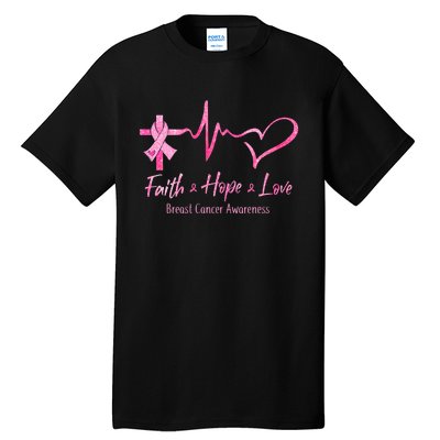 Faith Hope Love Breast Cancer Awareness Ribbon Heartbeat Tall T-Shirt