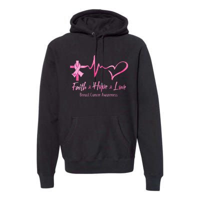 Faith Hope Love Breast Cancer Awareness Ribbon Heartbeat Premium Hoodie