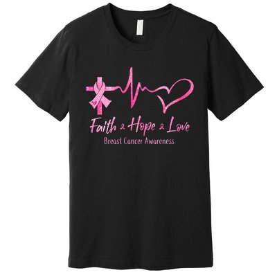 Faith Hope Love Breast Cancer Awareness Ribbon Heartbeat Premium T-Shirt