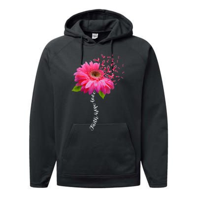 Faith Hope Love Pink Ribbon Daisy Flower Breast Cancer Performance Fleece Hoodie