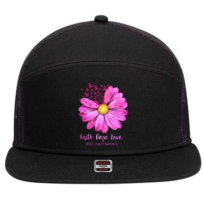 Faith Hope Love Breast Cancer Awareness Ribbon Floral 7 Panel Mesh Trucker Snapback Hat