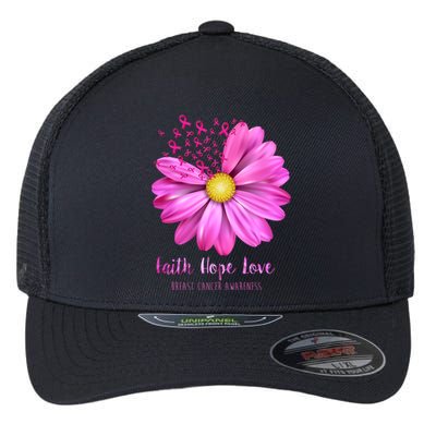 Faith Hope Love Breast Cancer Awareness Ribbon Floral Flexfit Unipanel Trucker Cap