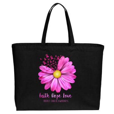 Faith Hope Love Breast Cancer Awareness Ribbon Floral Cotton Canvas Jumbo Tote