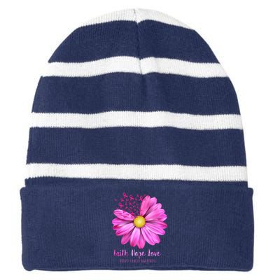 Faith Hope Love Breast Cancer Awareness Ribbon Floral Striped Beanie with Solid Band