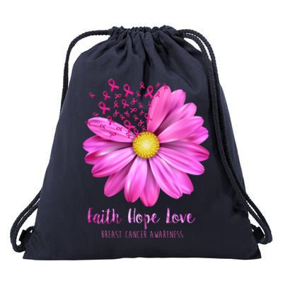 Faith Hope Love Breast Cancer Awareness Ribbon Floral Drawstring Bag