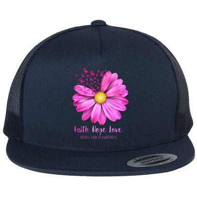 Faith Hope Love Breast Cancer Awareness Ribbon Floral Flat Bill Trucker Hat