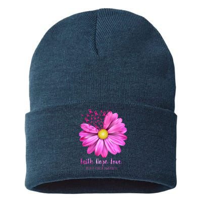 Faith Hope Love Breast Cancer Awareness Ribbon Floral Sustainable Knit Beanie