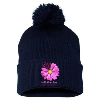 Faith Hope Love Breast Cancer Awareness Ribbon Floral Pom Pom 12in Knit Beanie