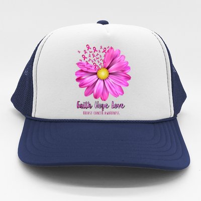 Faith Hope Love Breast Cancer Awareness Ribbon Floral Trucker Hat