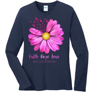 Faith Hope Love Breast Cancer Awareness Ribbon Floral Ladies Long Sleeve Shirt