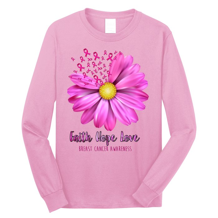 Faith Hope Love Breast Cancer Awareness Ribbon Floral Long Sleeve Shirt