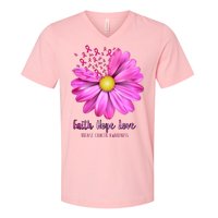 Faith Hope Love Breast Cancer Awareness Ribbon Floral V-Neck T-Shirt