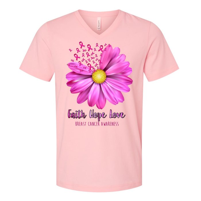 Faith Hope Love Breast Cancer Awareness Ribbon Floral V-Neck T-Shirt