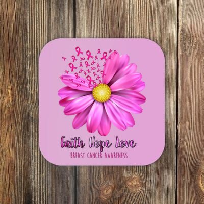 Faith Hope Love Breast Cancer Awareness Ribbon Floral Coaster