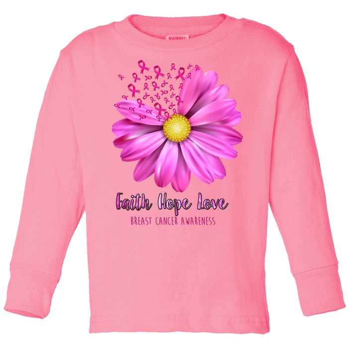 Faith Hope Love Breast Cancer Awareness Ribbon Floral Toddler Long Sleeve Shirt