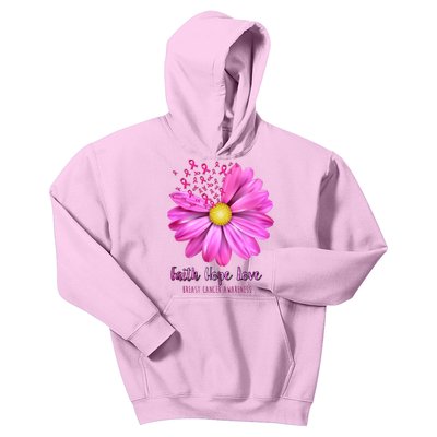 Faith Hope Love Breast Cancer Awareness Ribbon Floral Kids Hoodie