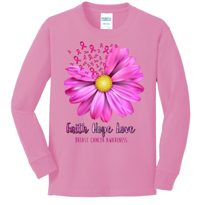 Faith Hope Love Breast Cancer Awareness Ribbon Floral Kids Long Sleeve Shirt