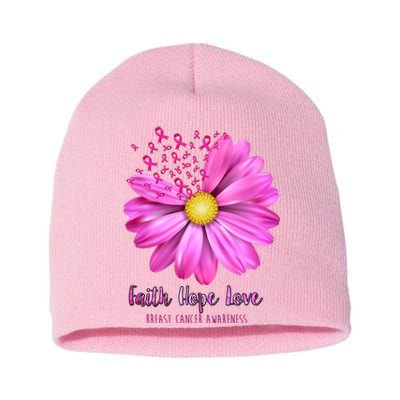 Faith Hope Love Breast Cancer Awareness Ribbon Floral Short Acrylic Beanie