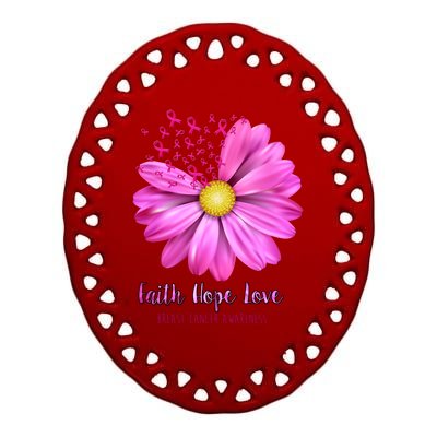 Faith Hope Love Breast Cancer Awareness Ribbon Floral Ceramic Oval Ornament