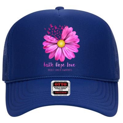 Faith Hope Love Breast Cancer Awareness Ribbon Floral High Crown Mesh Back Trucker Hat