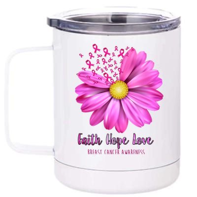 Faith Hope Love Breast Cancer Awareness Ribbon Floral 12 oz Stainless Steel Tumbler Cup