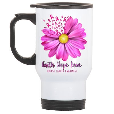 Faith Hope Love Breast Cancer Awareness Ribbon Floral Stainless Steel Travel Mug