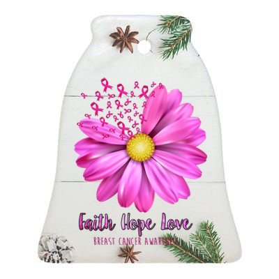 Faith Hope Love Breast Cancer Awareness Ribbon Floral Ceramic Bell Ornament