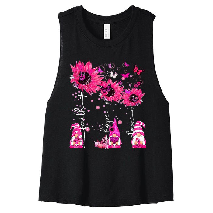 Faith Hope Love Gnome Ribbon Breast Cancer Awareness Flower Women's Racerback Cropped Tank