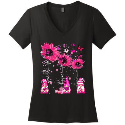 Faith Hope Love Gnome Ribbon Breast Cancer Awareness Flower Women's V-Neck T-Shirt