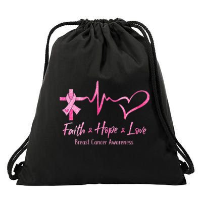 Faith Hope Love Breast Cancer Awareness Ribbon Heartbeat Drawstring Bag