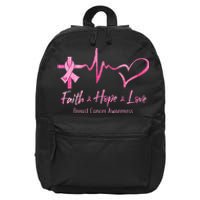 Faith Hope Love Breast Cancer Awareness Ribbon Heartbeat 16 in Basic Backpack