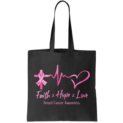 Faith Hope Love Breast Cancer Awareness Ribbon Heartbeat Tote Bag