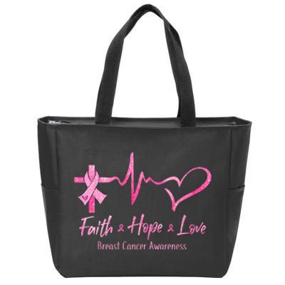 Faith Hope Love Breast Cancer Awareness Ribbon Heartbeat Zip Tote Bag