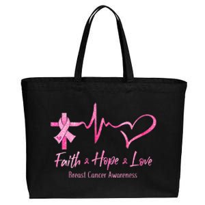 Faith Hope Love Breast Cancer Awareness Ribbon Heartbeat Cotton Canvas Jumbo Tote