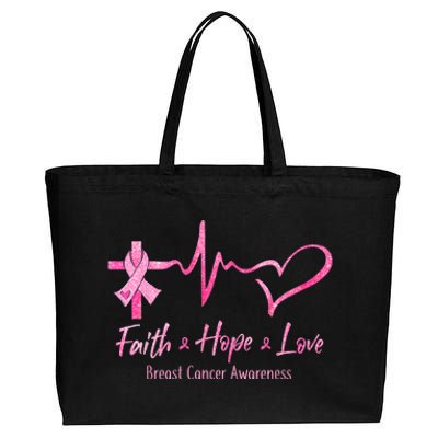 Faith Hope Love Breast Cancer Awareness Ribbon Heartbeat Cotton Canvas Jumbo Tote