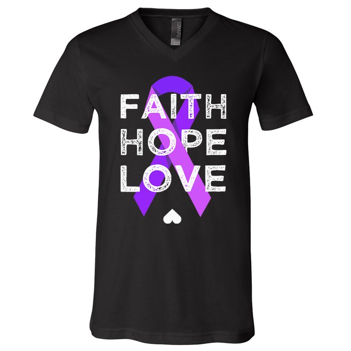 Faith Hope Love Purple Ribbon Testicular Cancer Awareness V-Neck T-Shirt