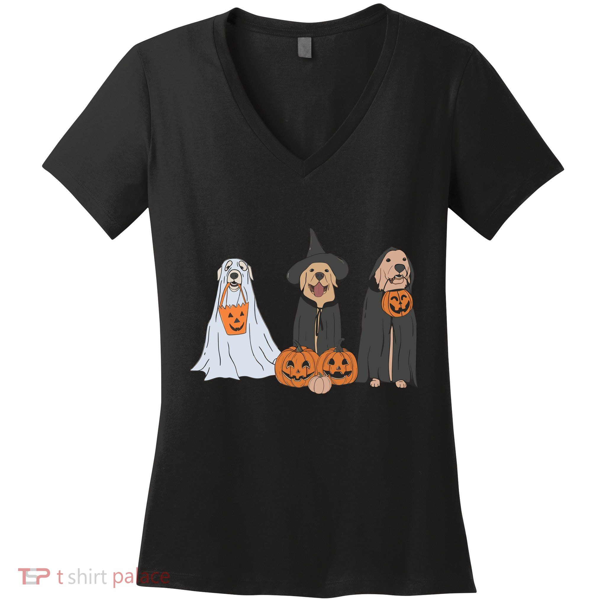 Funny Halloween Labrador Golden Retriever Ghost Dog Witch Women's V-Neck T-Shirt