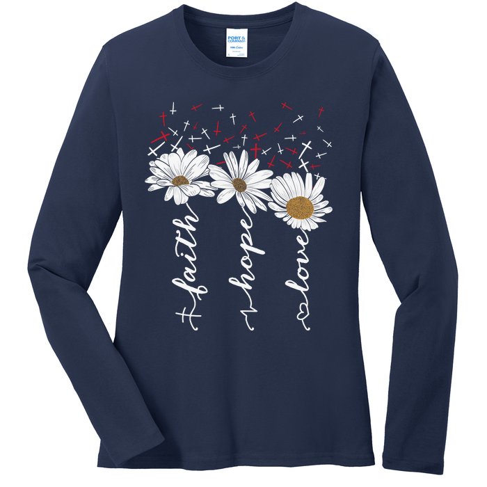 Faith Hope Love Jesus Flowers Ladies Long Sleeve Shirt