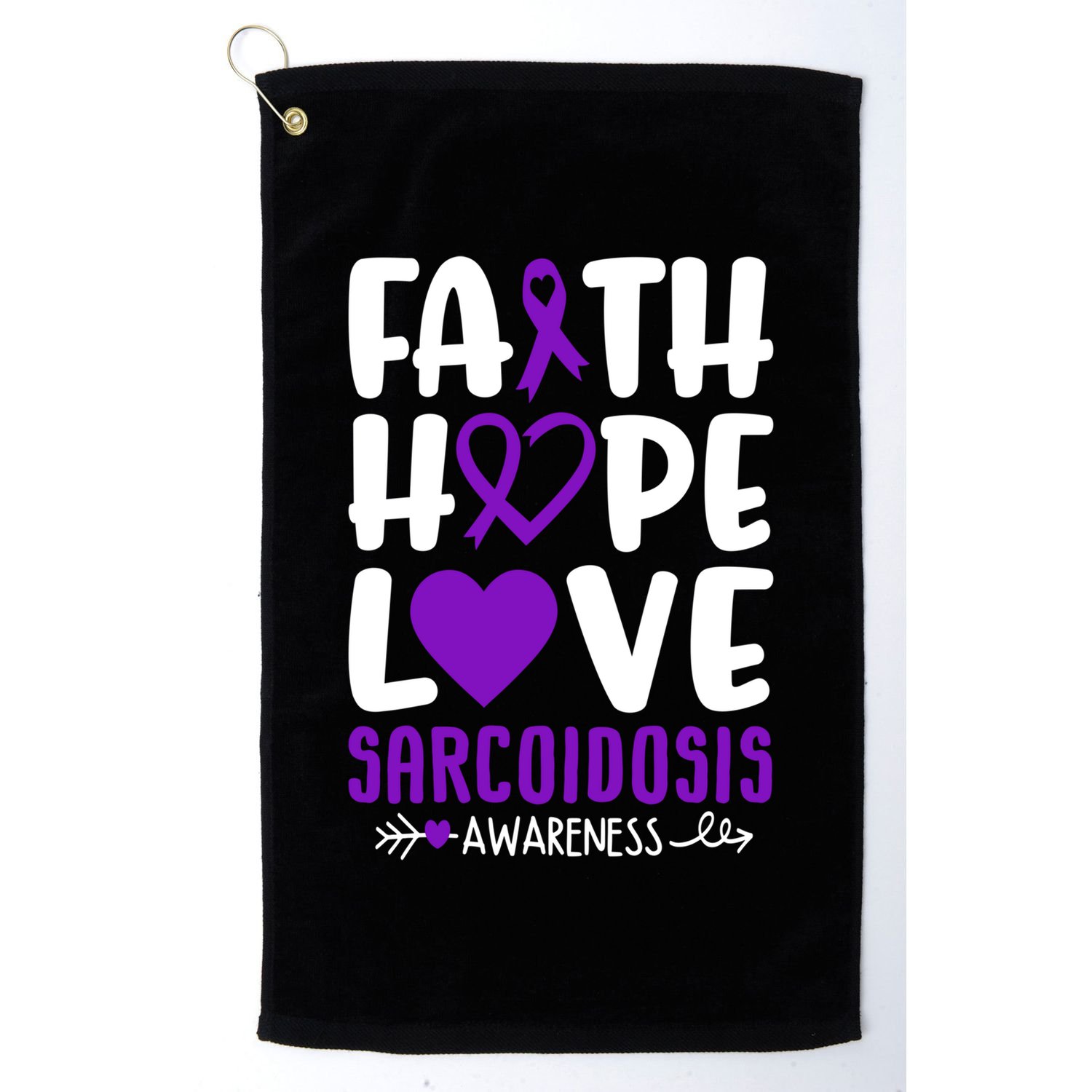 Faith Hope Love Sarcoidosis Awareness Ribbon Heart Purple Gift Golf Towel