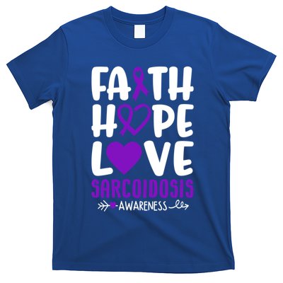 Faith Hope Love Sarcoidosis Awareness Ribbon Heart Purple Gift T-Shirt
