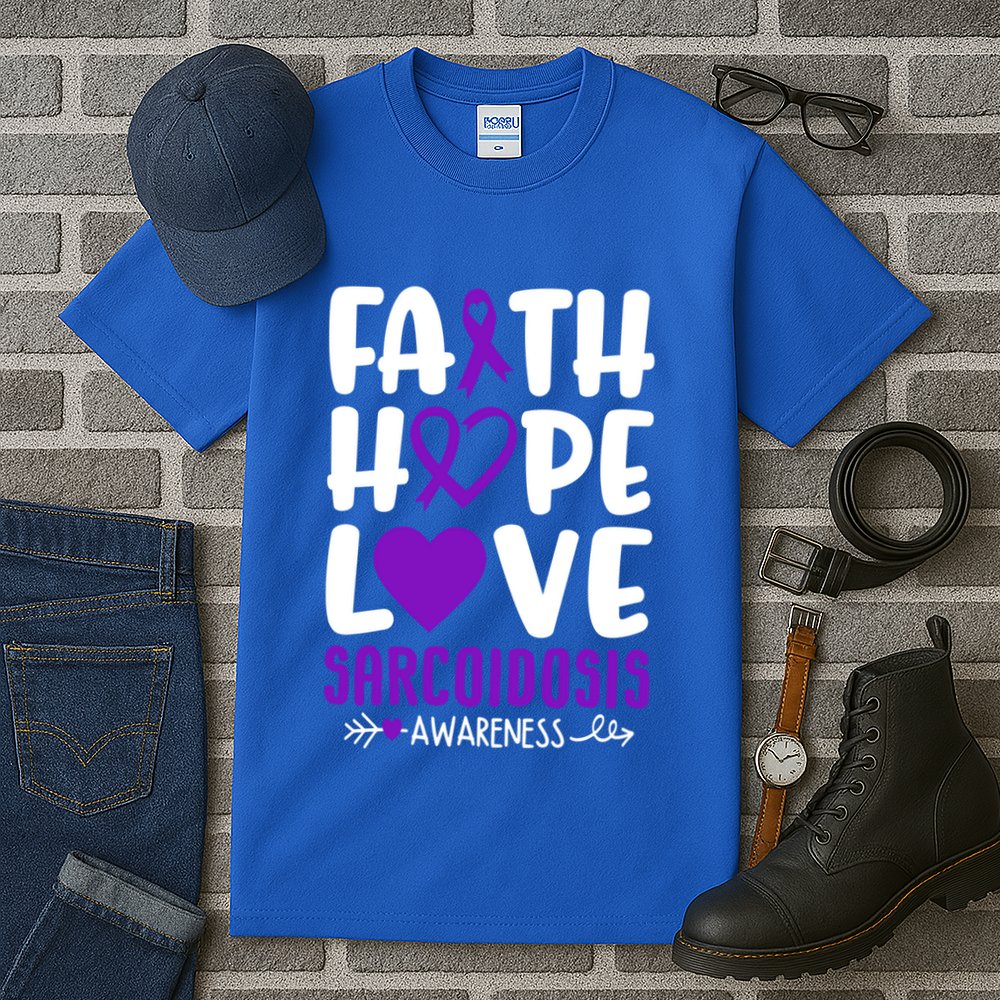 Faith Hope Love Sarcoidosis Awareness Ribbon Heart Purple Gift Tall T-Shirt